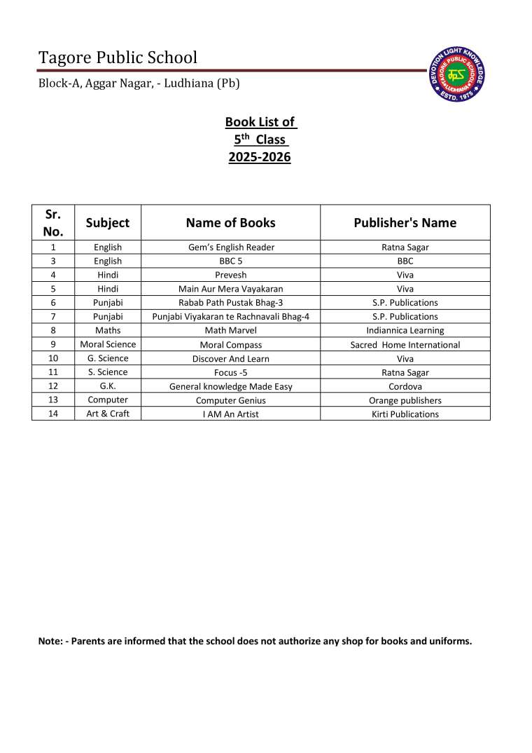 Book List of 5th  Class 2025-2026