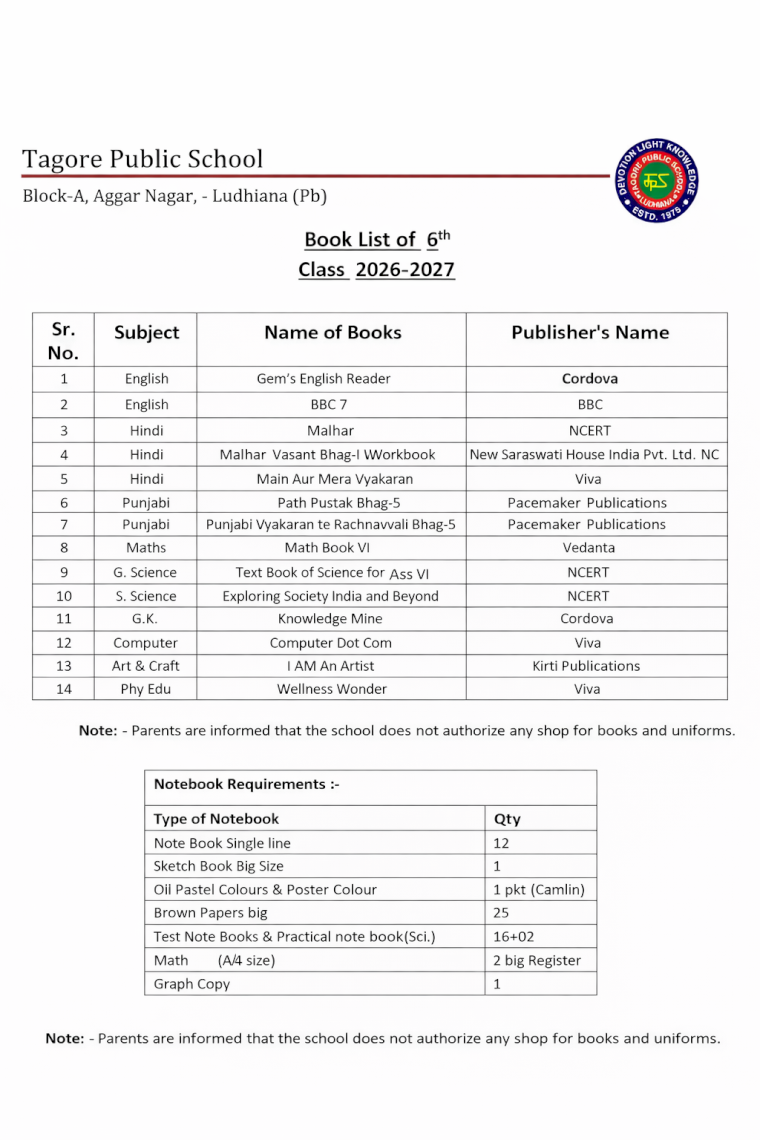 Book List of 6th  Class 2026-2027