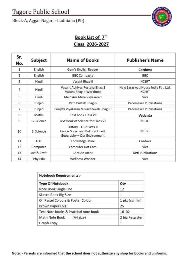 Book List of 7th  Class 2026-2027