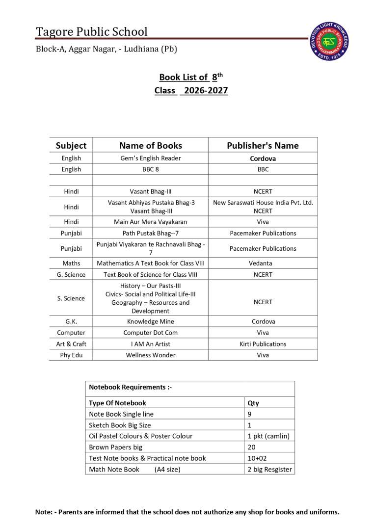 Book List of 8th  Class 2026-2027
