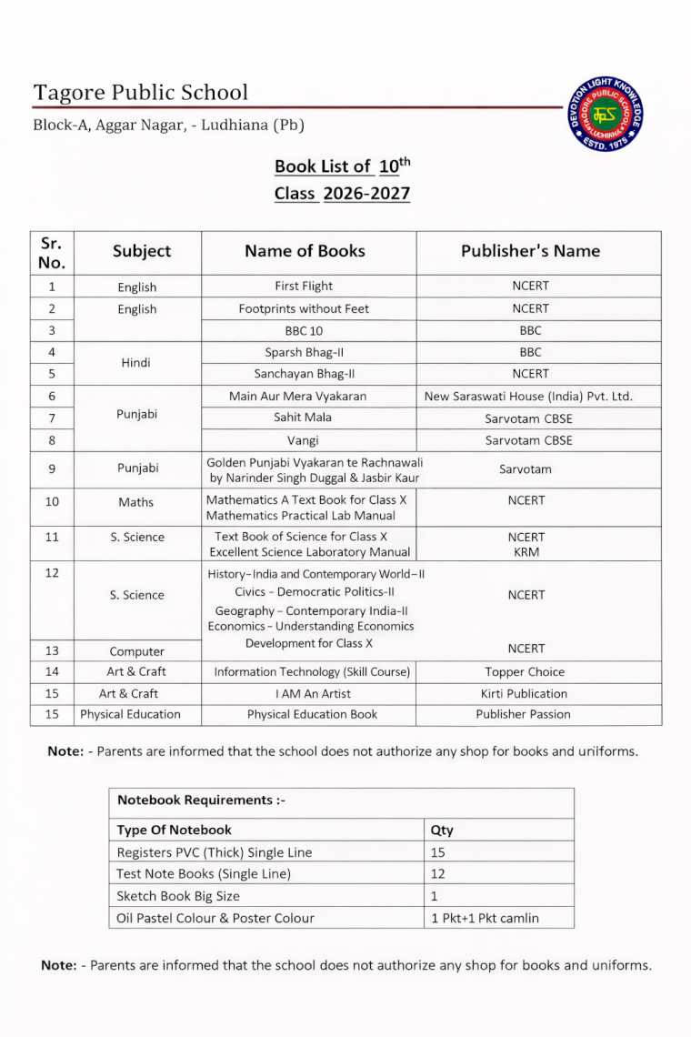 Book List of 10th  Class 2026-2027