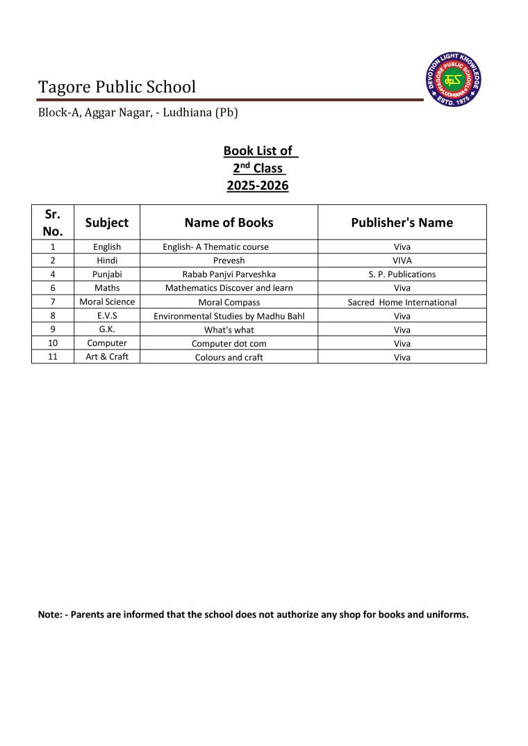Book List of  2nd Class 2025-2026