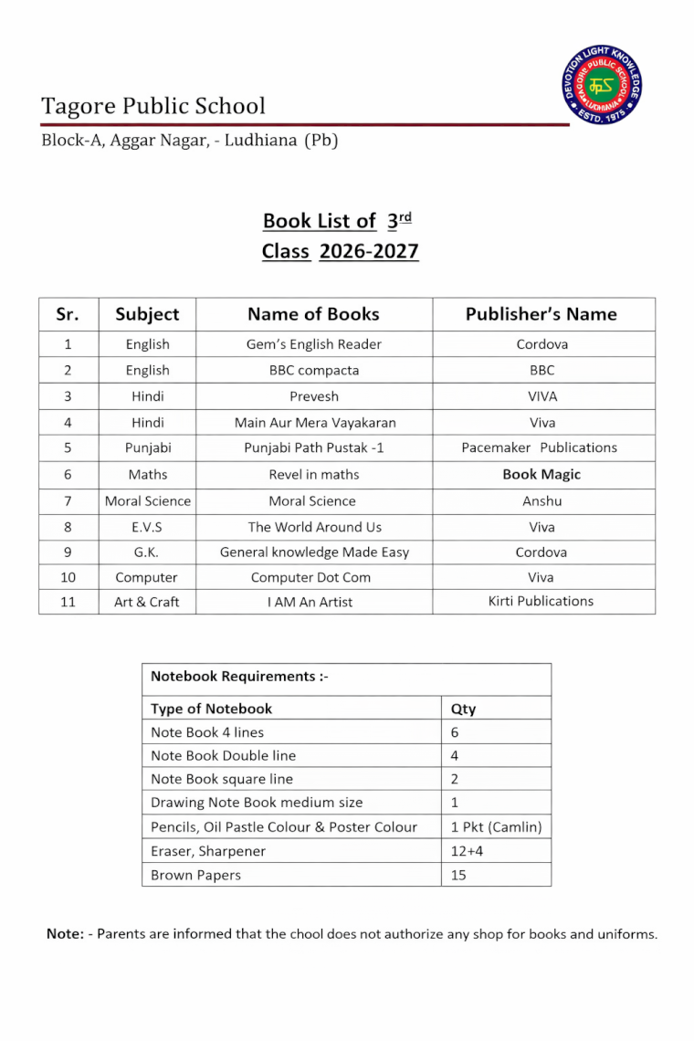Book List of  3rd Class  2026-2027